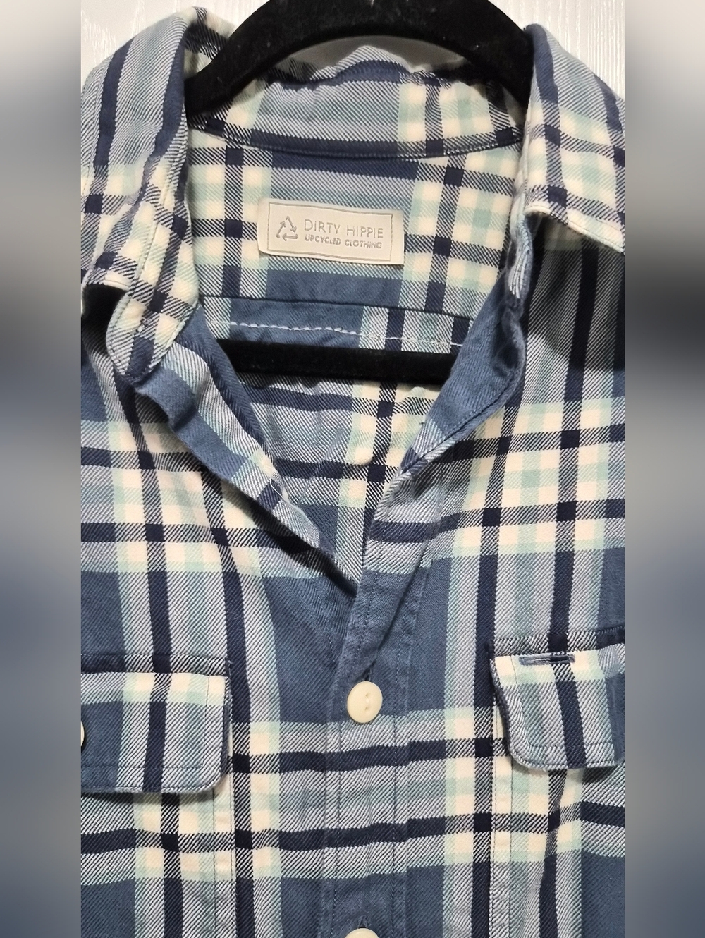 Upcycled Unisex Rolling Stones Flannel Blue Plaid Button Down Shirt - Picture 3 of 8